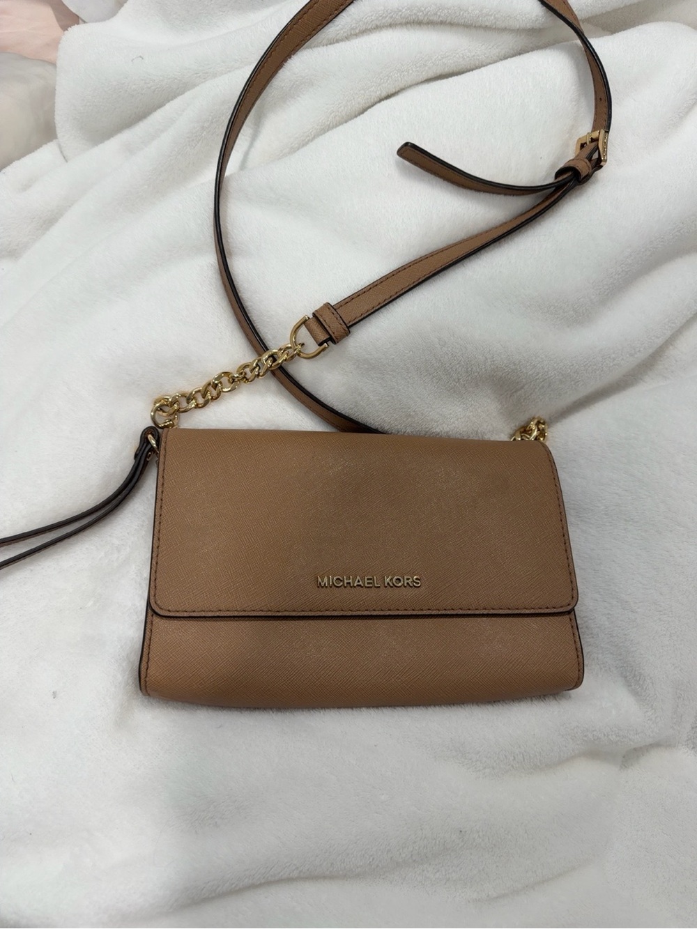 Michael Kors Tan Saffiano Leather Crossbody with Gold Chain
